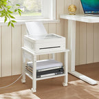 2 Tier Under Desk Printer Stand with Storage, Small Printer Table with Charging Station, Rolling Printer Cart Shelf with Lockable Wheels for Home, Office (White)