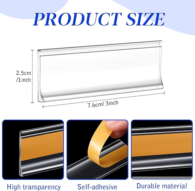Yexiya 150 Pieces 3 x 1 Inch Label Holder Self Adhesive Clear Plastic Shelf Tag Sticking Price Label Holders with Paper Inserts Bulk for Supermarket School Library Bookshelves Mailbox Storage Bins