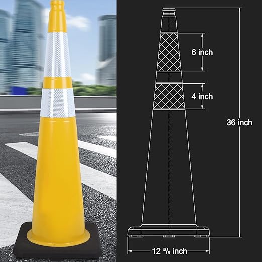 Fluorescent Orange/Green PVC Traffic Cones, Heavy Black Base Parking Lot Cone Structurally Stable Weatherproof Road Construction Safety Cones (4, Yellow, 36" Extra Large)