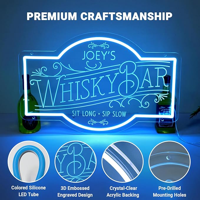 Custom Neon Bar Sign, Personalized Whiskey LED Light for Home Bars, Speakeasy Man Cave Décor Beer Established Year Gifts for Men Dad Husband Whiskey Lovers