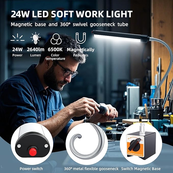 24W LED Magnetic Work Light, 2400 Lumen Flexible Gooseneck Work Light with Adjustable Magnetic Base, Industrial Light for Lathe CNC Milling Drillpress Sewing Machine (Heavy-Duty Magnetic)