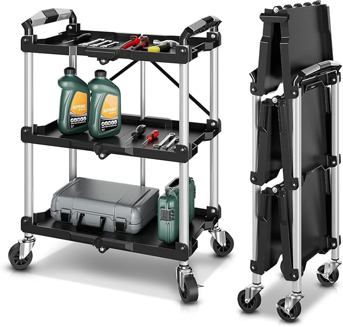 Auto Dynasty 3-Tier Folding Utility Cart with Wheels Lockable, 265LB Heavy Duty Collapsible Service Cart Foldable Rolling Carts for Home, Garage, Warehouses, Restaurants, Workshops