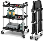 Auto Dynasty 3-Tier Folding Utility Cart with Wheels Lockable, 265LB Heavy Duty Collapsible Service Cart Foldable Rolling Carts for Home, Garage, Warehouses, Restaurants, Workshops