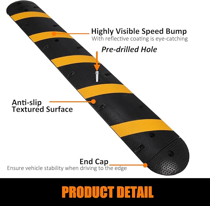 84" Heavy Duty Rubber Speed Bumps - Modular Driveway Cable Protector Ramp for Asphalt & Gravel Roads, Includes 6 Bolts & 2 End Caps, Ideal for Parking & Traffic Control