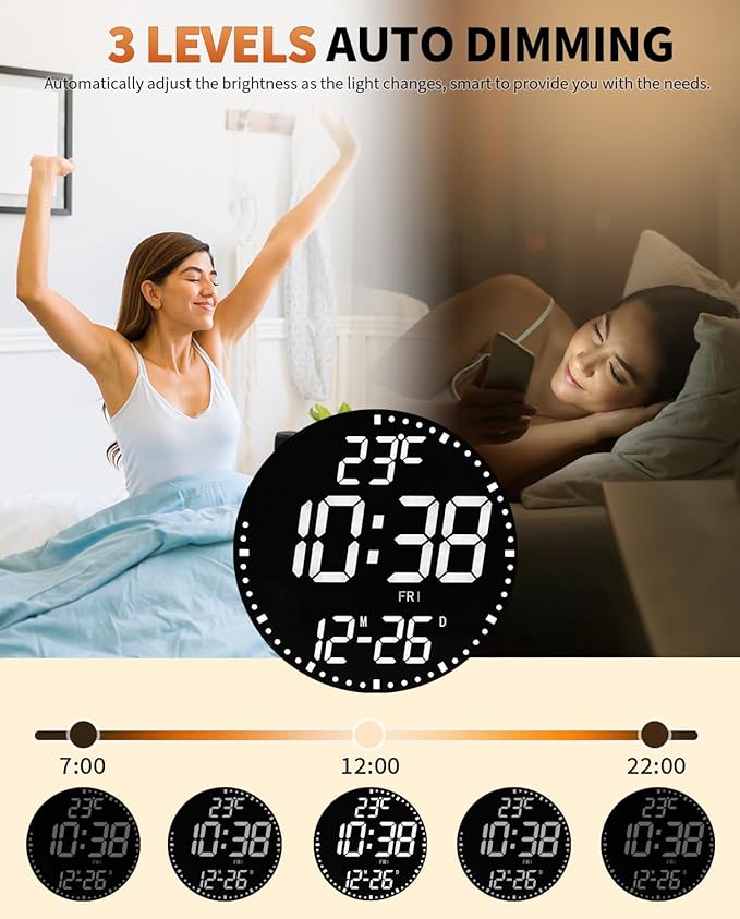 12" Large Digital Wall Mount Clock, Count Down Timer, Alarm, Big LED, 12 RGB Color, Temperature for Living Room Classroom Desk, Xmas, Birthday Gift for Senior Mom Dad (Round)