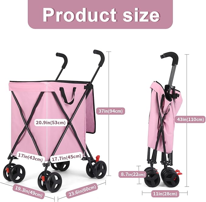 27 Gal/180 LBS Capacity Shopping Cart, Upgrade Huge Grocery Cart on Wheels,Heavy Duty Foldable Utility 360° Rolling Swivel Wheels for Shopping Picnic Groceries Laundry (Rose)