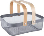 Metal Mesh Steel Basket, Storage Organizer Basket Garden Harvest Basket Multi-functional Kitchen Fruit Baskets Bin with Wooden Handle for Bathroom Picnic Shopping Decor Cabinet Home, Grey