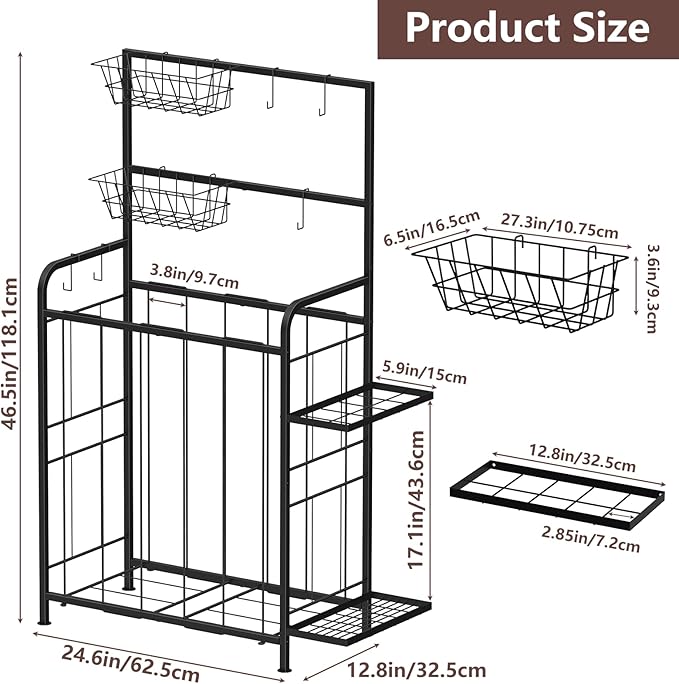 HEOMU Sports Equipment Organizer, Ball Organizer with Elastic Rope and Side Rack, Garage Ball Storage with 5 Hooks and 2 Baskets, Basketball Rack for Garage, Gym, Indoor or Outdoor, Black