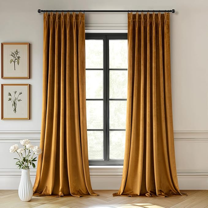 MIULEE Velvet Pinch Pleated Blackout Curtains 96 inches Long, Gold Brown Pleat Design Thermal Insulated Luxury Window Drapes for Living Room Bedroom with Hooks, Set of 2