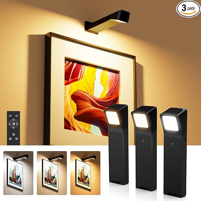 3 Pack Picture Lights for Wall with RGB Colors, Battery Powered Art Painting Lights with Remote, Cordless Picture Light for Posters, Rechargeable Wall Sconces