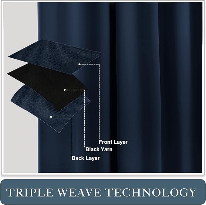 PONY DANCE Curtains Light Block - Thermal Insulated Rod Pocket Draperies Energy Saving/Short Window Covering for Bedroom Bay Windows, 52 Wide by 63 inch Drop, Navy Blue, 2 Panels