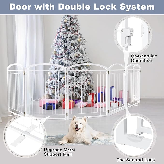 Full Metal Free Standing Dog Gate with Door for Indoor Outdoor, 144'' Extra Wide 32'' Tall Dog Gate for Doorways,Large Openings,Decks,Freestanding Portable Pet Fence(6 Panels,Black)