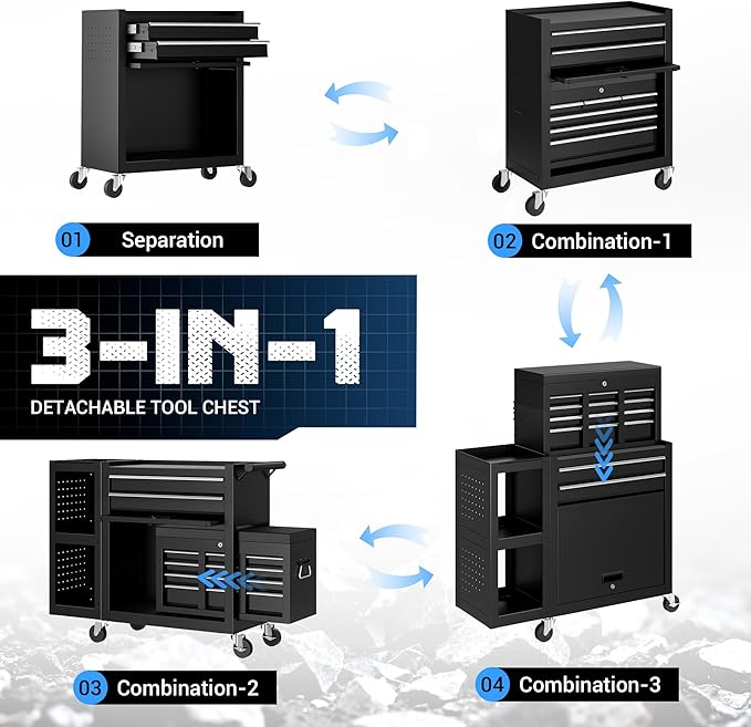 SILVEL 8-Drawers Rolling Tool Chest, Assembled Tool Box with Auto Locking System & Lockable Wheels & Sliding Drawers & Detachable Top, Tool Storage Cabinet for Garage Workshop