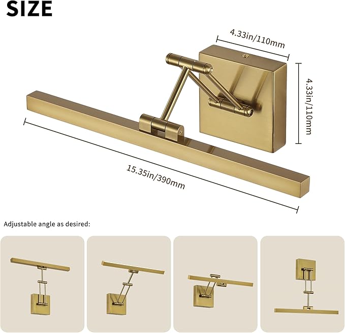 Hard-Wired Picture Light Dimmable LED Picture Lights for Paintings 15.7" Inch Brass Metal Body Wall Pictures with Adjustable Gold Swing Arm Art Display Lamps 7W 3000K Warm White Book Light