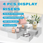 4Pcs Acrylic Risers Display Stands, Food Risers for Buffet Table, Acrylic Cube Mirror Risers for Catering Dessert, Jewelry Collectibles Party, Silver