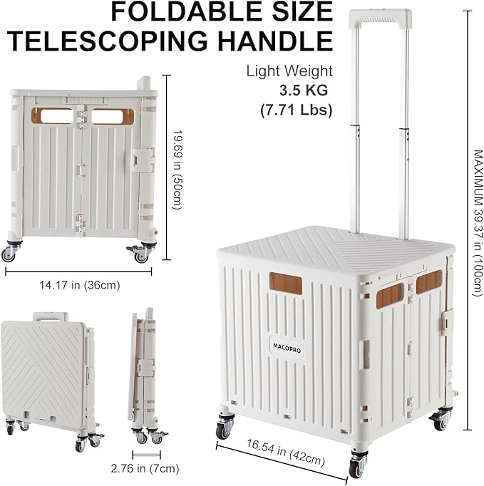 Foldable Utility Cart Folding Portable Rolling Crate Handcart with Durable Heavy Duty Plastic Telescoping Handle Collapsible 4 Rotate Wheels for Travel,Shopping, Luggage, Office, Teacher(White)