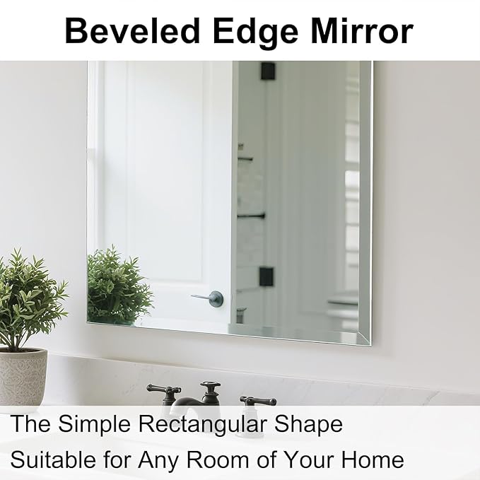 Ruomeng Frameless Mirror for Wall, 40x36 Inch Bathroom Vanity Mirror Farmhouse, Large Rectangle Mirror with Beveled Edge, Tempered Glass, Hangs Horizontally or Vertically
