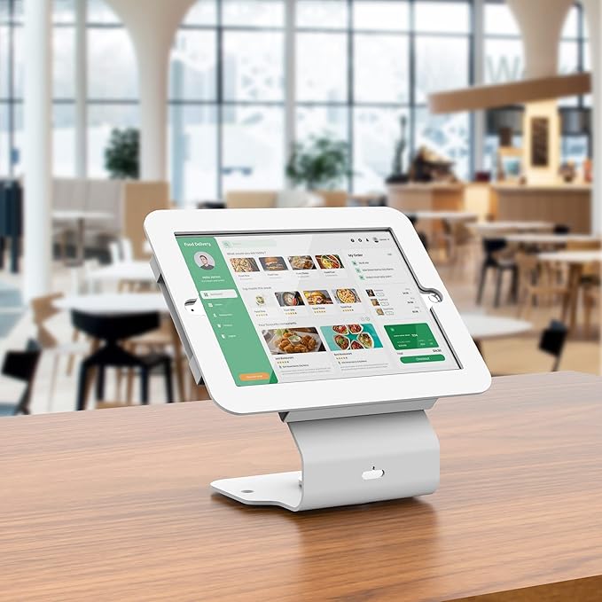 Kiosk POS Tablet Stand Compatible with iPad Air 1, Air 2, Pro 9.7, 5th, 6th, Business Desktop Retail Tablet Stand with 360° Swivel Base, Metal, White, PSC101W