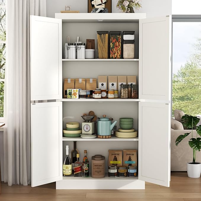 Farmhouse Kitchen Pantry Cabinet,69.1" Tall Kitchen Storage Cabinet with Adjustable Shelves,Modern Bathroom Storage Cabinets,Freestanding Floor Cabinets Cupboard for Living Room,Dining Room (White)