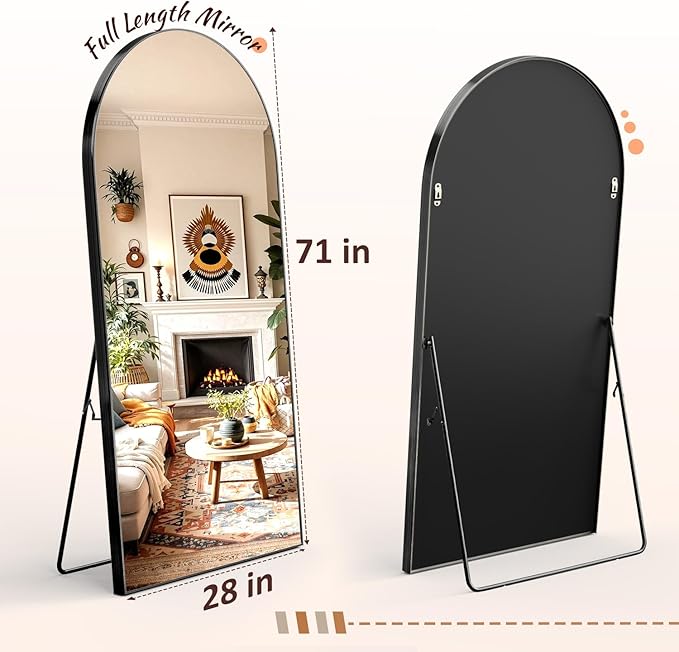 EOGOW 71" x 28" Arched Full Body Mirror,Standing or Leaning Tempered Glass Shatterproof Full Length Mirror with Stand for Bedroom Living Room Entryway,Black