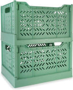 Domiella 2-Pack Crates for Storage, Storage Crates Plastic Stackable, Foldable Crate for Office Home Kitchen Bedroom Bathroom (Tall, Green)