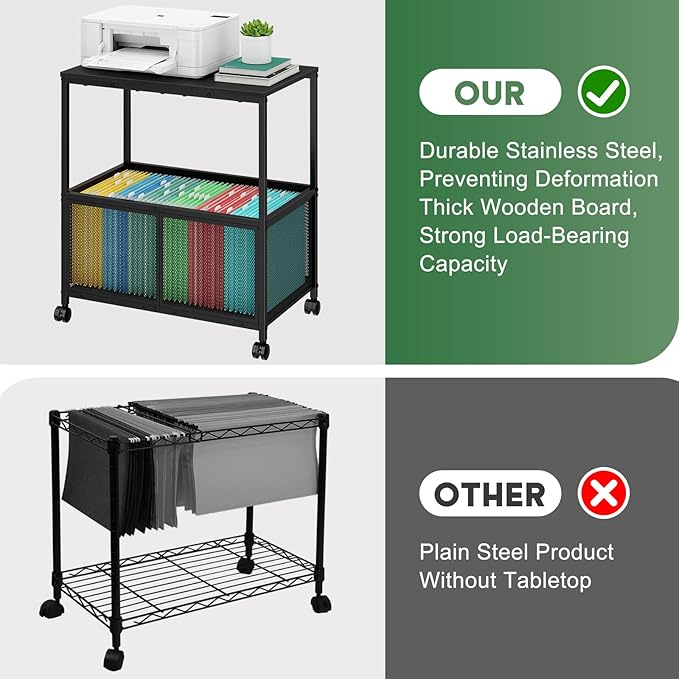 Rolling File Cart, Mobile File Cabinet with Wheels Hanging Files, Filing Cabinet Organizer Printer Stand File Organizer Fit Letter Size for Home Office, Black