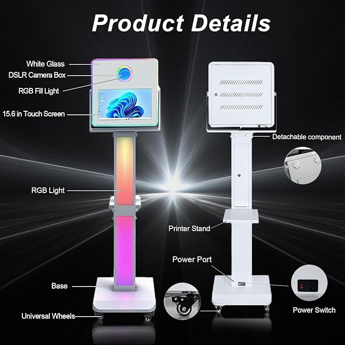 Photo Booth Machine 15.6 inch Selfie Portable Touch Screen Photobooth with RGB Light,Mirror Photo Booth with Flight Case for Wedding Party Events (Machine+Camera+Mini Printer)