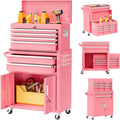 Bonusall 8 Drawer Rolling Tool Chest and Cabinet Combo,Heavy-Duty Metal Garage Tool Chest with Wheels and 2 Doors,2-in-1 Top Box and Roller Cabinet Combo for Garage, Workshop, Warehouse-Pink