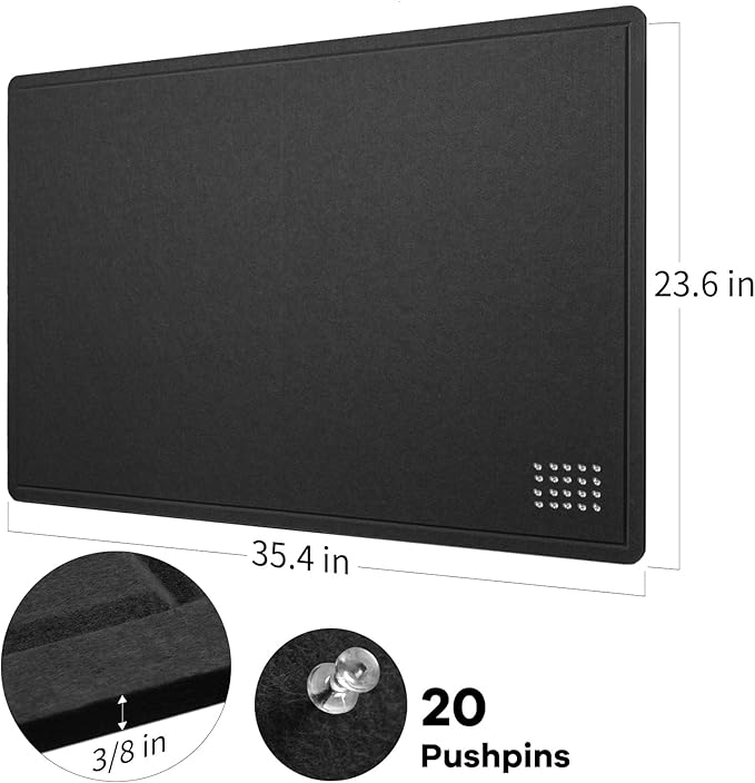 Bulletin Board, 36 x 24 inches Felt Board - Decorative Pin Board, Cork Board Alternative for Wall, 3' x 2' Foldable Self-Adhesive Vision Board Prayer Board with 20 Pushpins - Black