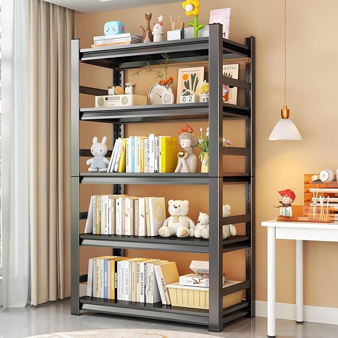 Garage Shelving Units, Heavy Duty 5-Tier Storage Shelves, Metal Adjustable Storage Rack, Steel Shelves, 2750 lbs Capacity, Industrial Shelving for Heavy Tools (Black, 24"Dx47"Wx87"H, 5-tier)