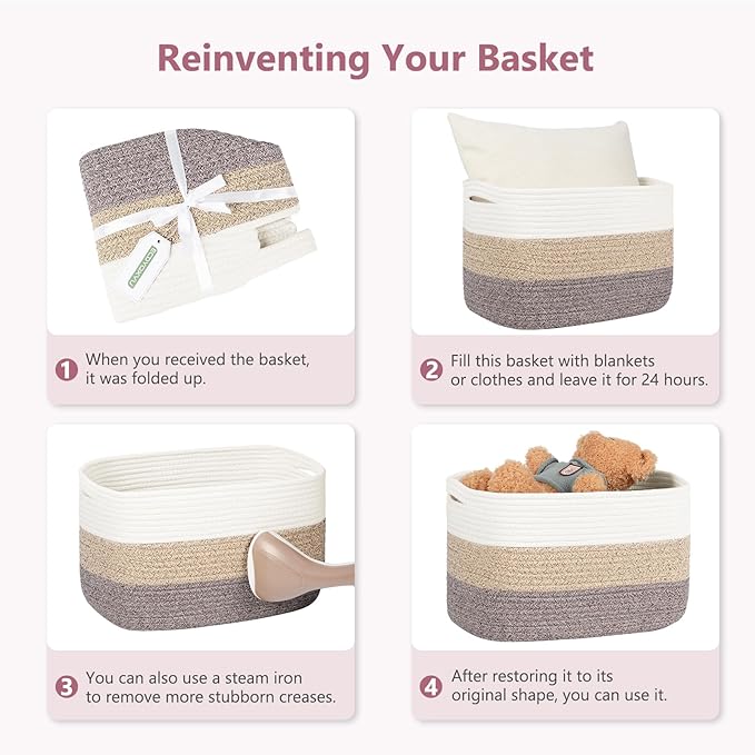 Cotton Rope Basket, Storage Baskets with Handle, 15x10x9 Inch Woven Basket for Shelves, Laundry, Towels, Clothes, Books (White/Pink 3Pack)