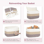 Cotton Rope Basket, Storage Baskets with Handle, 15x10x9 Inch Woven Basket for Shelves, Laundry, Towels, Clothes, Books (White/Pink 2Pack)