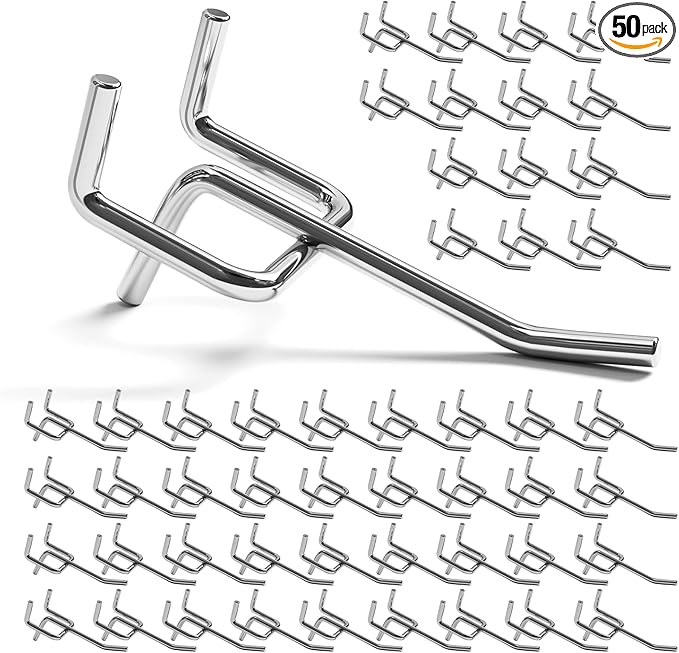 50 Pack 2 Inch Metal Pegboard Hooks, Fit 1/4 in and 1/8 in Peg Board Organizer Accessories, for Hanging Storage, Garages, Tool Sheds, Basements