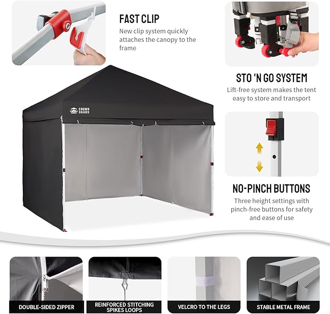 CROWN SHADES 10X10 Comercial Instant Canopy Pop Up Tent with Center Lock, 300D Fabric, 4 Sidewalls, Sto'N Go Bag, Black