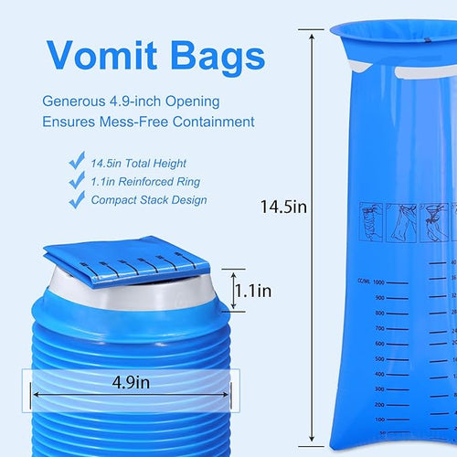 100 Pack Emesis Vomit Bags for Car, 1000 ml Blue Portable Nausea Bag for Pregnant Women, Leak Proof Puke Throw Up Nausea Bags for Travel Motion Sickness