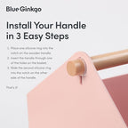 BLUE GINKGO Large Storage Basket – Plastic Caddy with Wooden Handle for Bathroom, Pantry, or Cleaning Supplies (Pink)