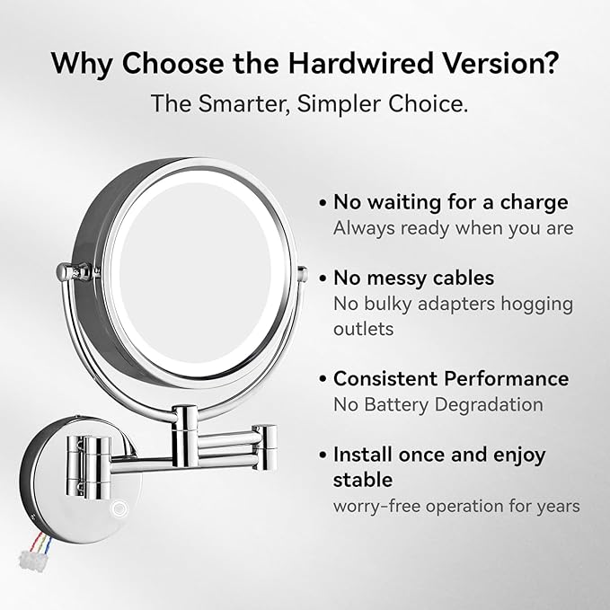 GURUN Wall Mounted Hardwired Makeup Mirror with 3 Tones Dimmable LED Lights 10x Magnifying Mirror with Touch Control for Bathroom Bedroom 13" Extendable Arm Direct Wire M1809D-T(10x,Chrome)