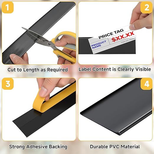 50 Pcs Shelf Label Strips 1.5''H x 48''L Self Adhesive Label Holder with 50 Pcs White Labels, Gondola Price Tag Holder Clear PVC Adhesive Ticket for Metal Wood Plastic Rack (Black)