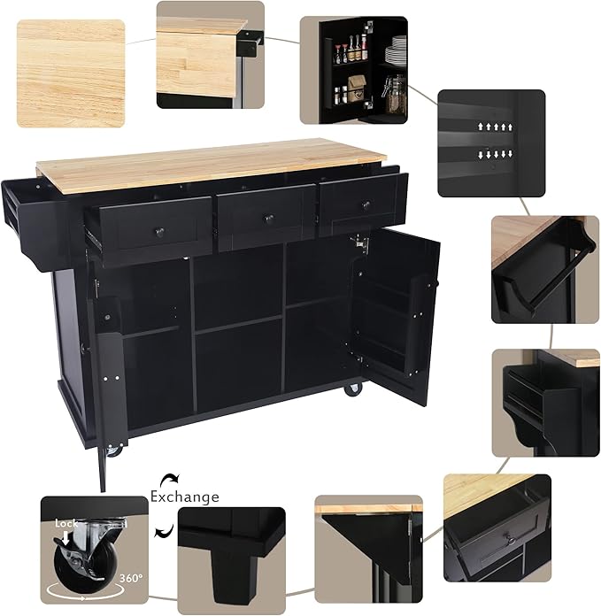 Yayzy Rolling Kitchen Island with 2 Bar Stools, Drop Leaf, Cabinet Door Storage Racks & 3 Drawers, Mobile Kitchen Cart with Rubberwood Top & Locking Wheels for Dining Room & Kitchen, 53-Inch, Black