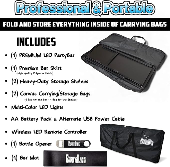 PartyLife Custom Premium Portable Bar Table w/LED Lights, Wireless Remote, Folding Legs, Black Fabric Bar Skirt, 2 Storage Shelves & 2 Carrying Bags | Commercial Grade | Strong & Sturdy