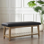 Entryway Bench, PU Leather Upholstered Shoe Benches for Bedroom, Ottoman Bench with Solid Wood Shelf, Storage Bench for Hallway, Living Room(Black)