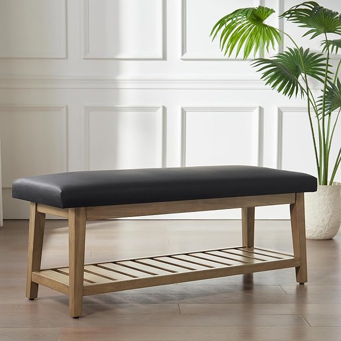 Entryway Bench, PU Leather Upholstered Shoe Benches for Bedroom, Ottoman Bench with Solid Wood Shelf, Storage Bench for Hallway, Living Room(Black)