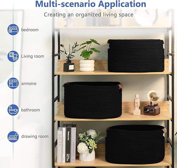 Cotton Rope Basket, Storage Baskets with Handle, 15x10x9 Inch Woven Basket for Shelves, Laundry, Towels, Clothes, Books (Black 2Pack)