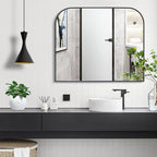 Modern Large Wall Mirror, Modern Mantel Minimalist Home Decor, Brushed Black Metal Framed Arched Mirror for Living Room, Bedroom, Fireplace, Mantle, Entryway, Bathroom, 36" x 30", Black