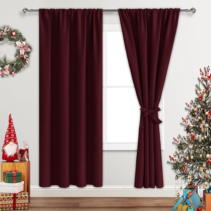 JIUZHEN Blackout Curtains for Bedroom– Thermal Insulated,Noise Reducing Room Darkening Privacy Drapes for Living Room, Set of 2 Panels with Tiebacks, 42 x 72 inch Long,Burgundy