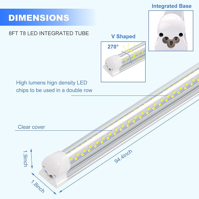 LED Shop Light,8FT 120W 12000LM 6500K,T8 Tube Lights Fixture White no dimmabl,High Output,Clear Cover,Integrated,V Shape 8 Foot Light Bulb,LED Shop Light for Garage Workshop (20 Pack)
