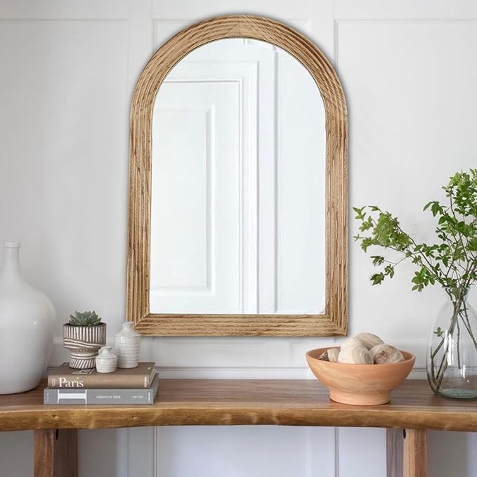 LOSOUR Arched Mirror, Farmhouse Decor Solid Wood Frame Wall Mirror, Bathroom Mirrors, Large Vintage Mirror for Bathroom, Living Room,Bedroom, Entryway, Hallway,Foyer (Brown, 36" L x 24" W)