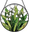 Stained Glass Window Hanging, Lily of The Valley Flower Sun Catcher Glass Panel with Metal Chain, 7.88’’ Indoor/Outdoor Art Decor for Home Garden, Birthday, Christmas