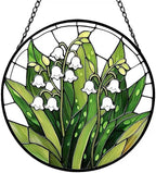 Stained Glass Window Hanging, Lily of The Valley Flower Sun Catcher Glass Panel with Metal Chain, 7.88’’ Indoor/Outdoor Art Decor for Home Garden, Birthday, Christmas