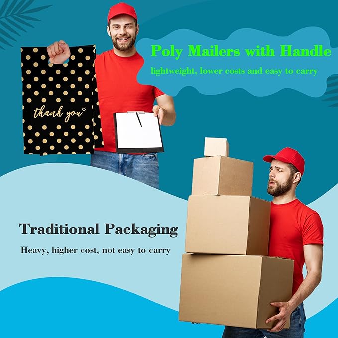 JinRuiKJ Poly Mailers with Handle 14.5x19 Inch 50 Pcs, Easy to Carry Packaging Bags for Small Business, Thank You Shipping Bags with Self Adhesive Strip, Tearproof and Waterproof - Gold Polka Dot